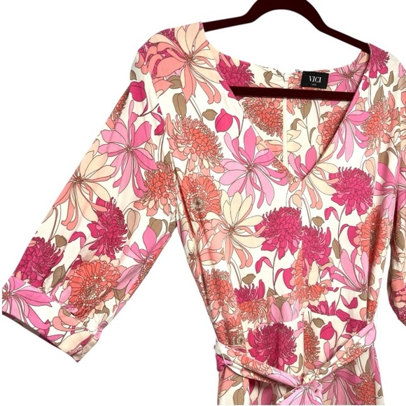 Vici Pink Floral V Neck Half Sleeve A-Line Long Maxi Dress Women’s Large - Picture 5 of 11